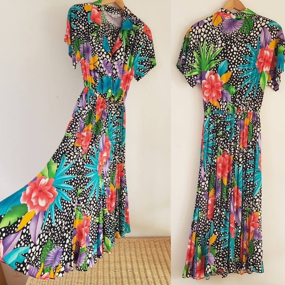 Vintage Ducci Long Maxi Dress Floral & Animal Print 1/4 Sleeve W/Belt Size 8